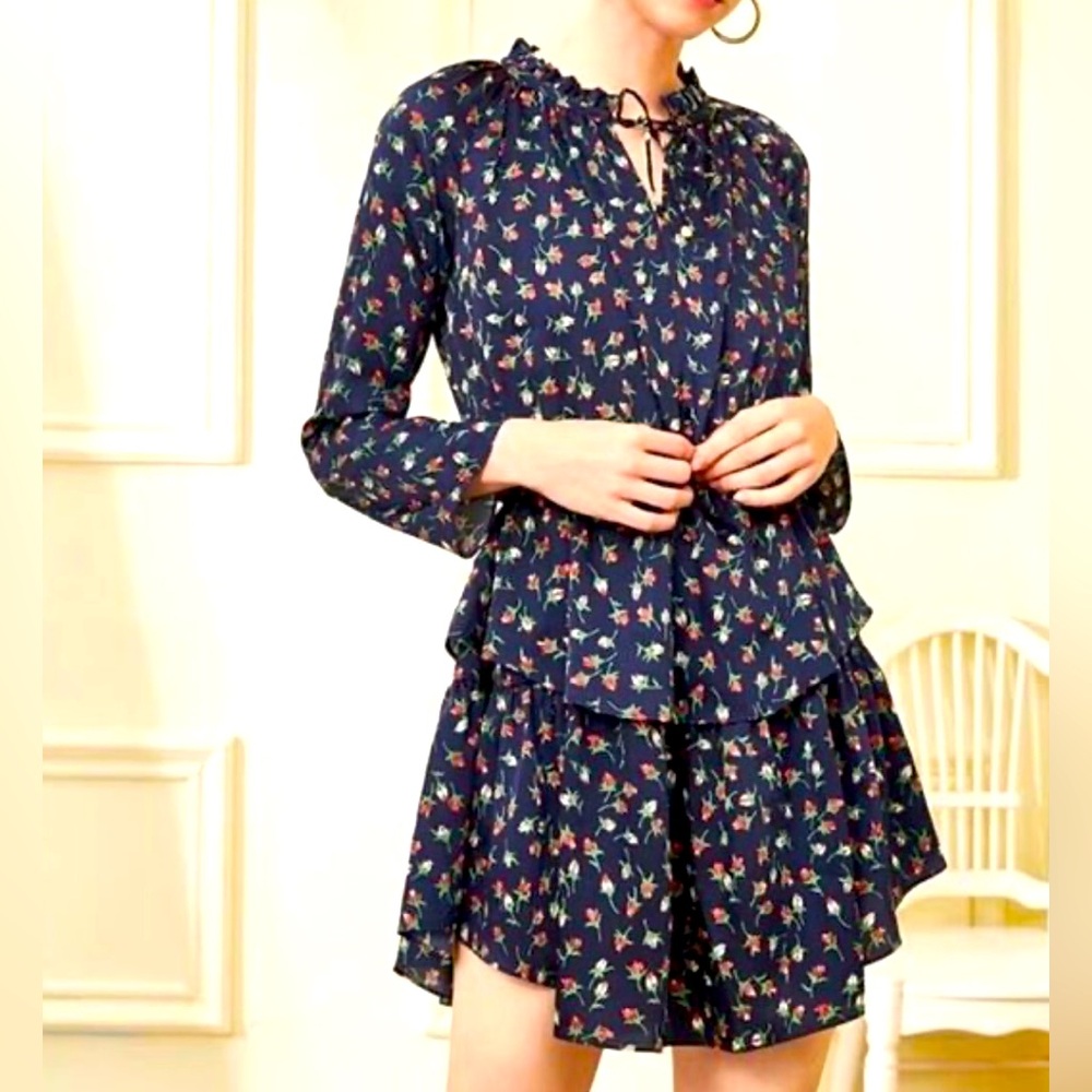 Julie Brown Dress Joanne Mini Floral Print Tie Neck Tiered Hem Wanderlust.